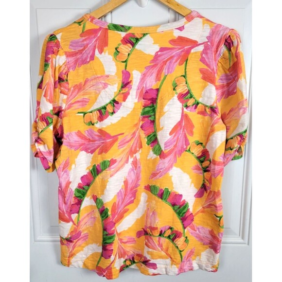 Chico's Short Sleeve Top Size L Vibrant Colorful Cotton Puff Shoulder Vacation - Picture 5 of 5